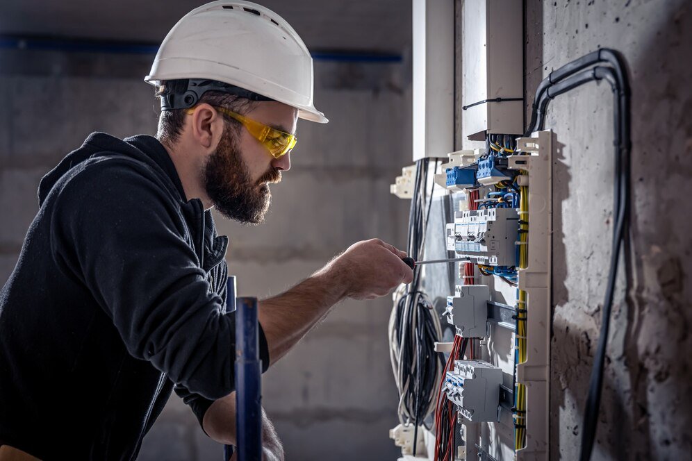 male-electrician-works-switchboard-with-electrical-connecting-cable